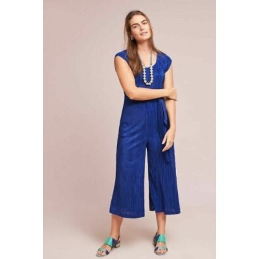 Anthropologie Maeve Sonata Jumpsuit Royal Blue Pleated Wide Leg Crop Size 14